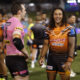 Wests Tigers' Jarome Luai, who is joining PNG Chiefs in 2028, with one of his former teammates.