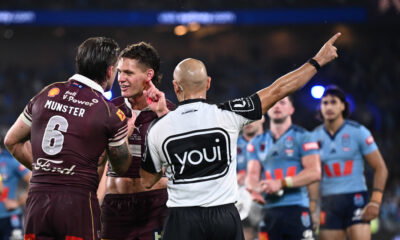 Kalyn Ponga attempted to show referee Ashley Klein that it was a head clash after his red card by pointing to blood on his head.
