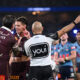 Kalyn Ponga attempted to show referee Ashley Klein that it was a head clash after his red card by pointing to blood on his head.