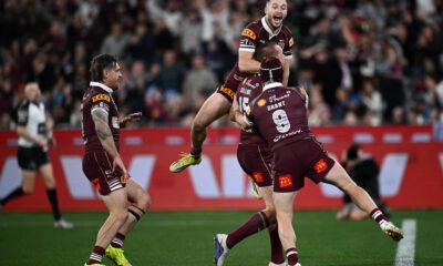 Queensland celebrate try vs New South Wales.