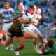 South Sydney Rabbitohs vs New Zealand Warriors. Rocco Berry is tackled.