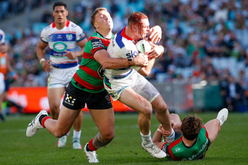 South Sydney Rabbitohs vs New Zealand Warriors. Rocco Berry is tackled.