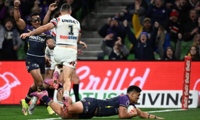 NRL match between the Melbourne Storm and the Sydney Roosters at AAMI Park in Melbourne. Shawn Blore scores a try in the match. The back-rower has been tipped with a move to the Brisbane Broncos.