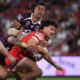 Herbie Farnworth in action for the Dolphins against the Broncos.