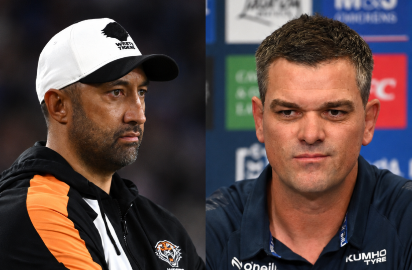 Wests Tigers head coach Benji Marshall and Bulldogs boss Cameron Ciraldo.