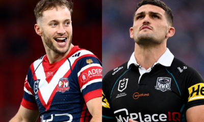 Roosters' Sam Walker and Panthers' Nathan Cleary. Credit: Imago.