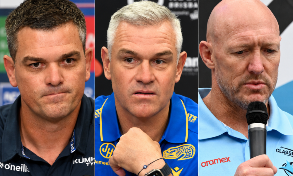 Cameron Ciraldo of the Bulldogs, Eels' Jason Ryles and Sharks boss Craig Fitzgibbon. Credit: Imago.