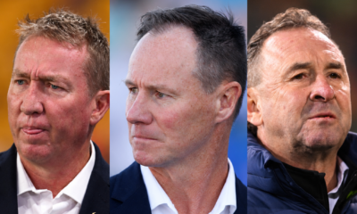 Roosters' Trent Robinson, Justin Holbrook of the Knights, and Raiders' Ricky Stuart.
