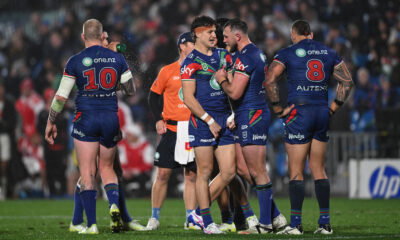 Sam Healey and Kurt Capewell during the NRL Round 20 match between the New Zealand Warriors and the St. George Illawarra Dragons.