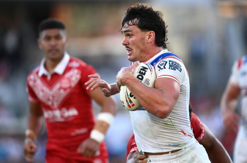 Herbie Farnworth in action for England at the 2026 Rugby League World Cup.